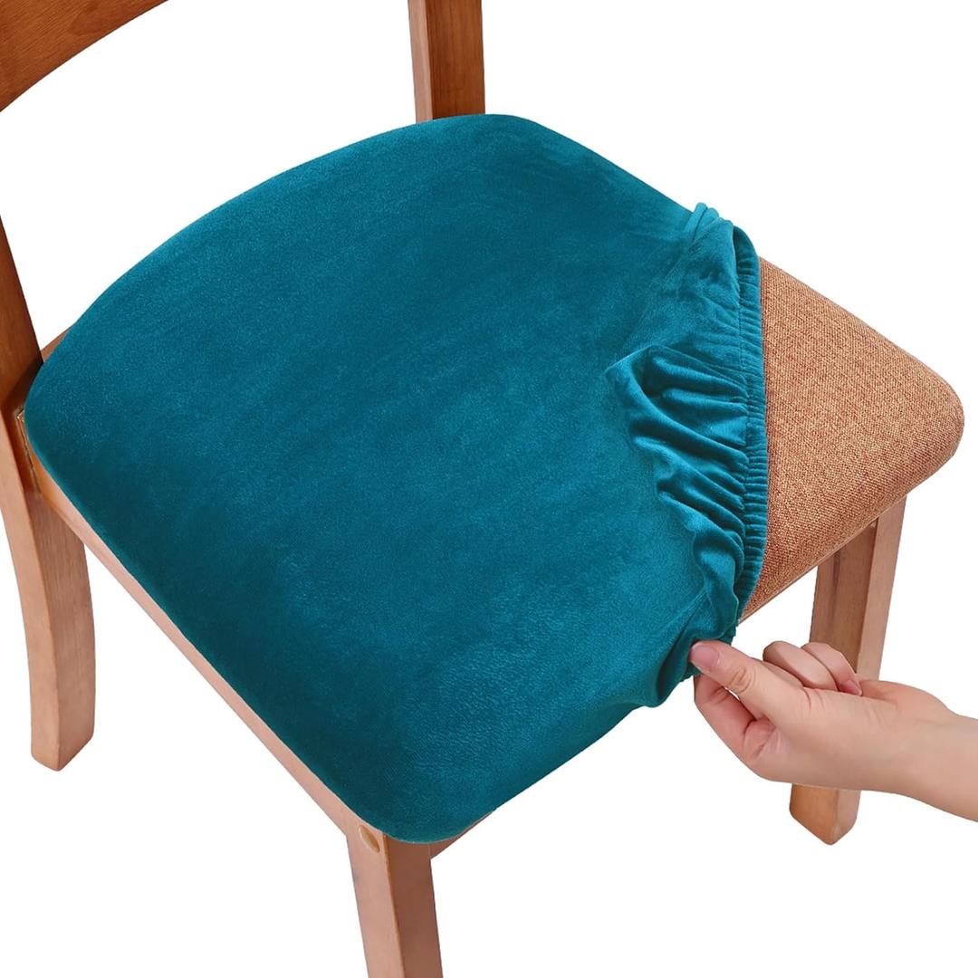 Smiry Velvet Seat Covers for Dining Room Chair Set of 6, Stretch Fit Removable Washable Chair Seat Cushion Protector Slipcovers with Ties, Teal