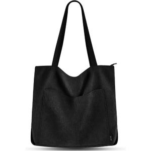 Prite Corduroy Tote Bag for Women Large Shoulder Bag with Zipper and Pockets for College Work Travel Shopping (Black)