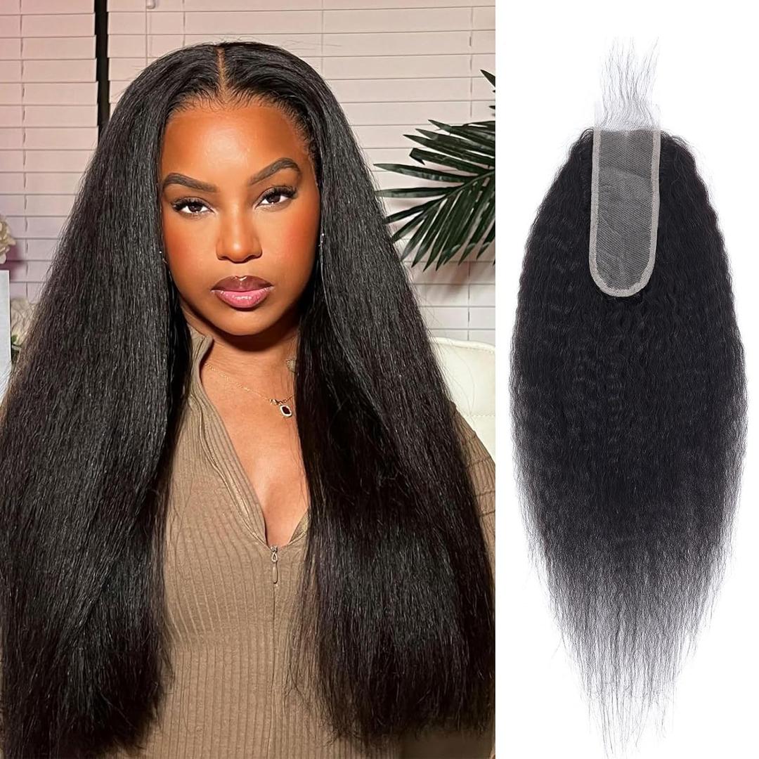 2x6 Kinky Straight Lace Closure Human Hair Yaki Straight 2 by 6 HD Lace Closure Transparent 100% Human Hair Natural Black Color 10 Inch Middle Part (2x6 Lace Closure Kinky Straight)