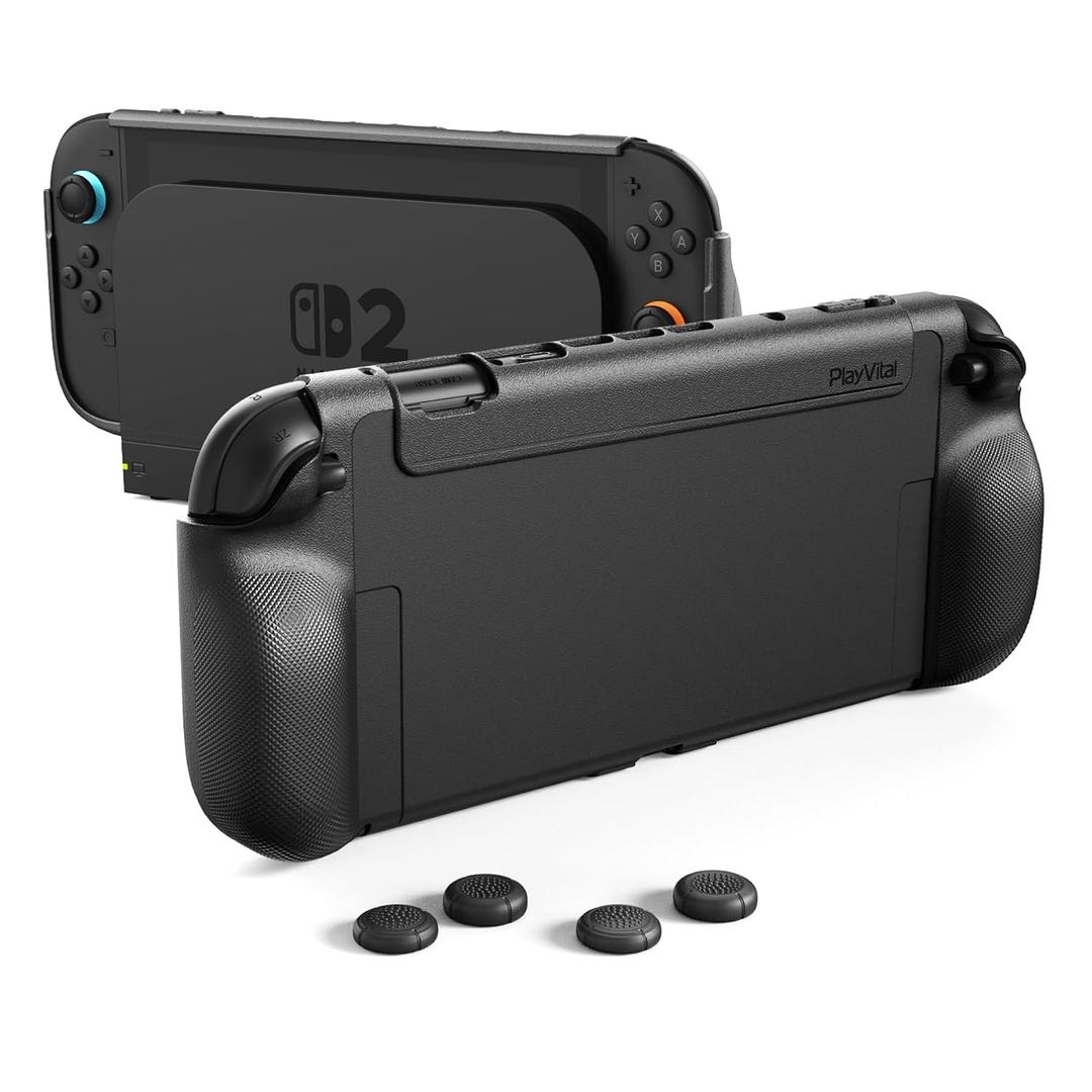 PlayVital Pure Grip Case for Nintendo Switch 2 Shockproof TPU Cover Ergonomic Anti-Slip Grips Design & Thumbstick Caps - Black