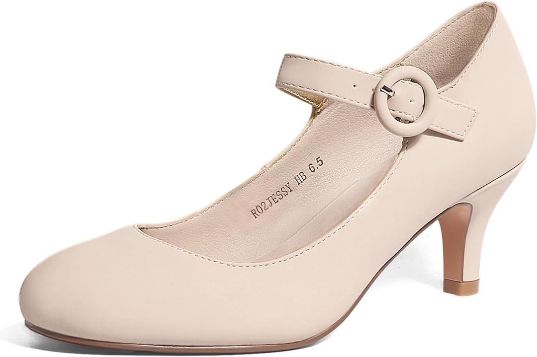 IDIFU Women's Jessy Dress Mary Jane Shoes Low Kitten Heels Closed Round Toe Office Work Wedding Pumps (8, Nude Nubuck)