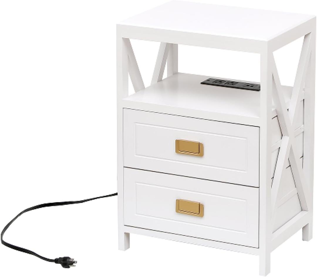 Assembled Nightstand with Charging Station, No Assembly Required End Table with USB Ports and Outlets, Fully Assembled Side Table for Bedroom for Living Room, White