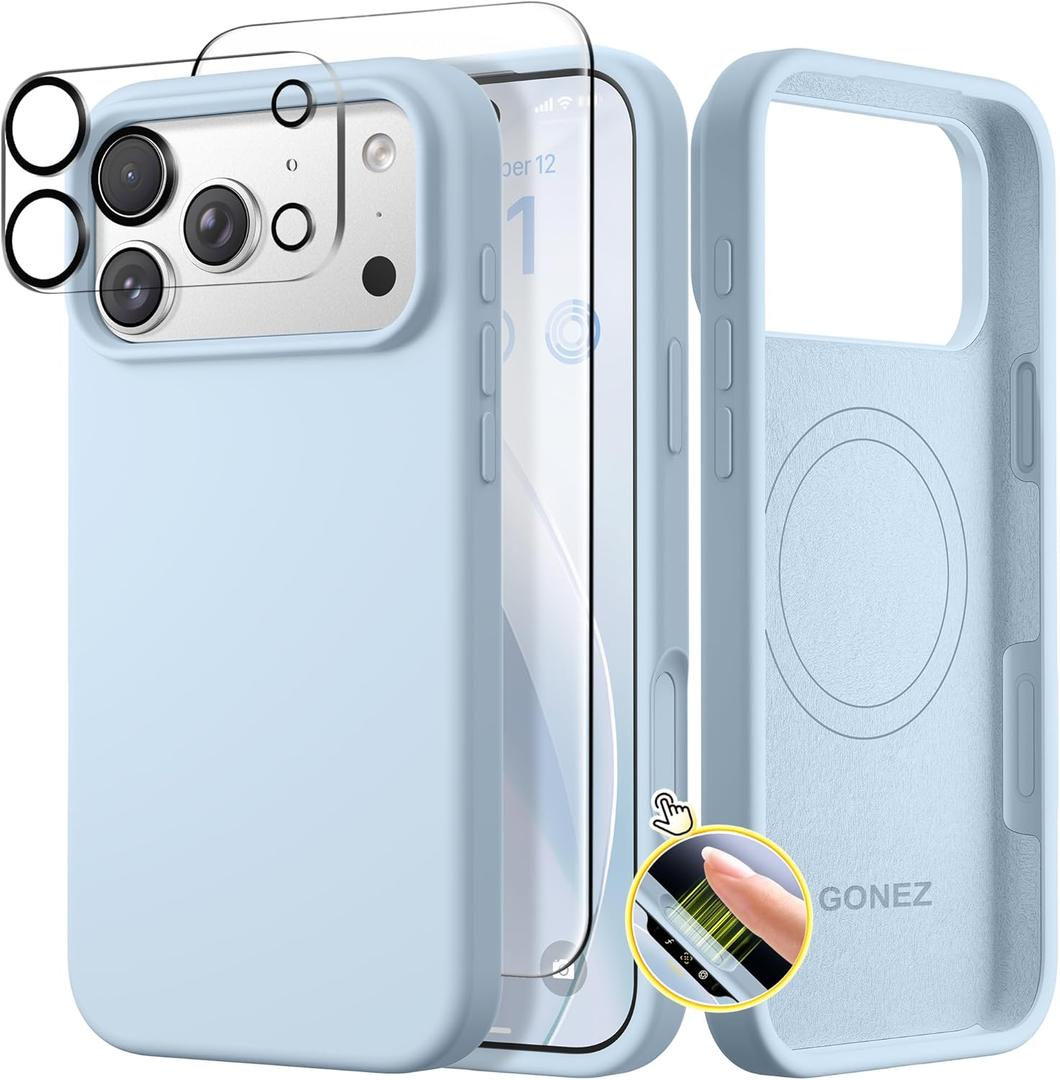 GONEZ Magnetic for iPhone 17 Pro Case, Compatible with MagSafe, [Screen Protector + Camera Lens Protector], Liquid Silicone Anti-Scratch Shockproof Protective Phone Case 6.3 inch, Blue