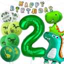 Large Dinosaur Foil Balloons, Happy Birthday Banner, Number 2 Balloon, Dinosaur Printed Latex Balloons for 2nd Birthday Party Decorations