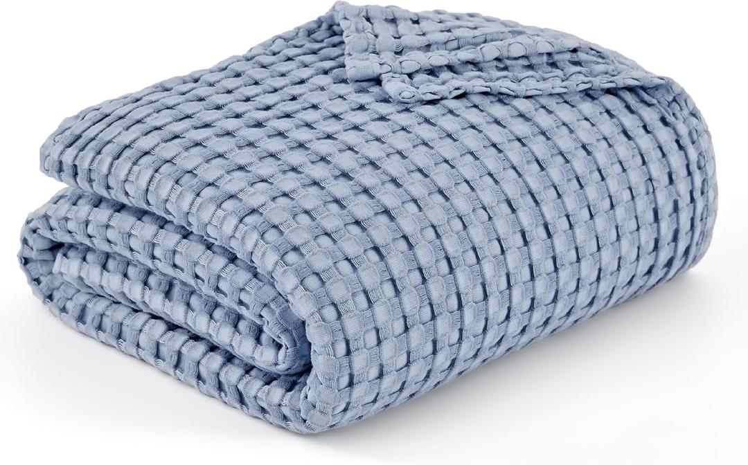 Bedsure Cooling Cotton Waffle Queen Size Blanket - Lightweight Breathable Summer Blanket of Rayon Derived from Bamboo for Hot Sleepers, Luxury Throws for Bed, Couch and Sofa, Fog Blue, 90x90 Inches