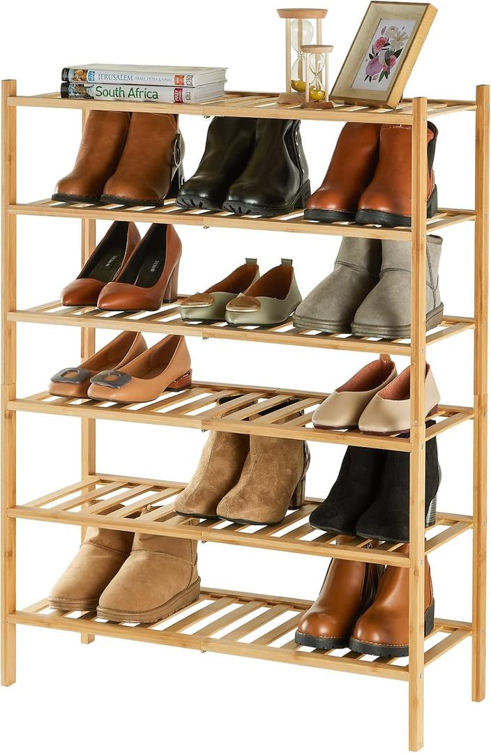 6-Tier Bamboo Shoe Rack for Entryway, Stackable | Heavy Duty | Multi-Function, Free Standing Shoe Racks for Bedroom Hallway Closet (Natural)