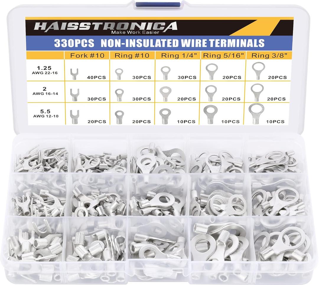 haisstronica Ring Terminals,330PCS Non-Insulated Wire Connectors Kit,Brazed Seam Fork Ring Terminals of Tinned Red Copper,AWG 22-10 Electrical Wire Crimp Connectors
