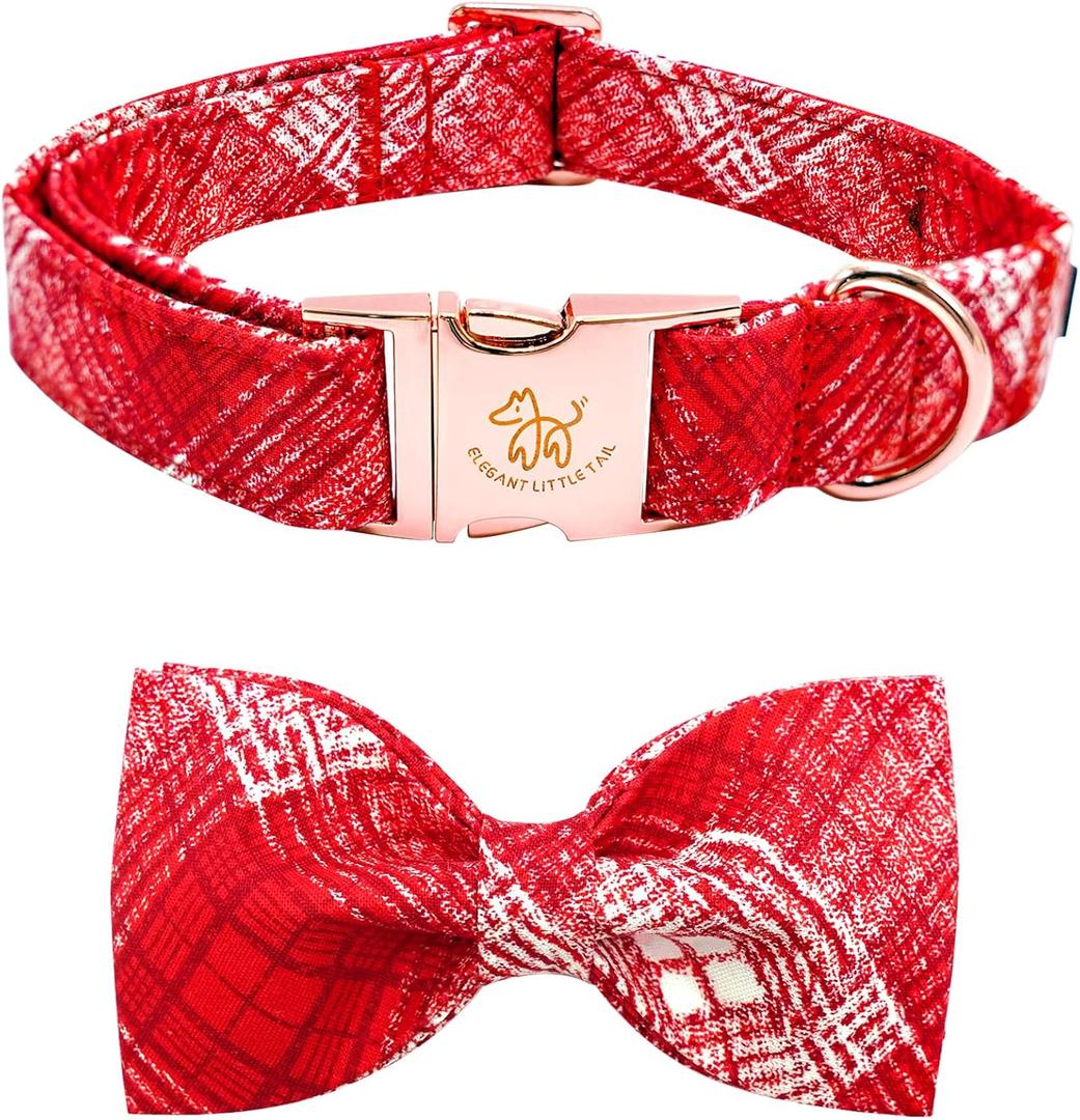 Elegant little tail Christmas Dog Collar, Plaid Print Pet Collar Dogs Holiday Collars with Bow Red Cute Winter Boy Girl Puppy Bow Adjustable Pet Collars for X-Large Dogs