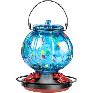 Hummingbird Feeder for Outdoors – Hand Blown Blue Glass Bird Feeder, Leakproof, Easy to Fill & Clean, 25 Ounces, Colorful Spotted Pumpkin Shape Decorative Hanging Gift for Her