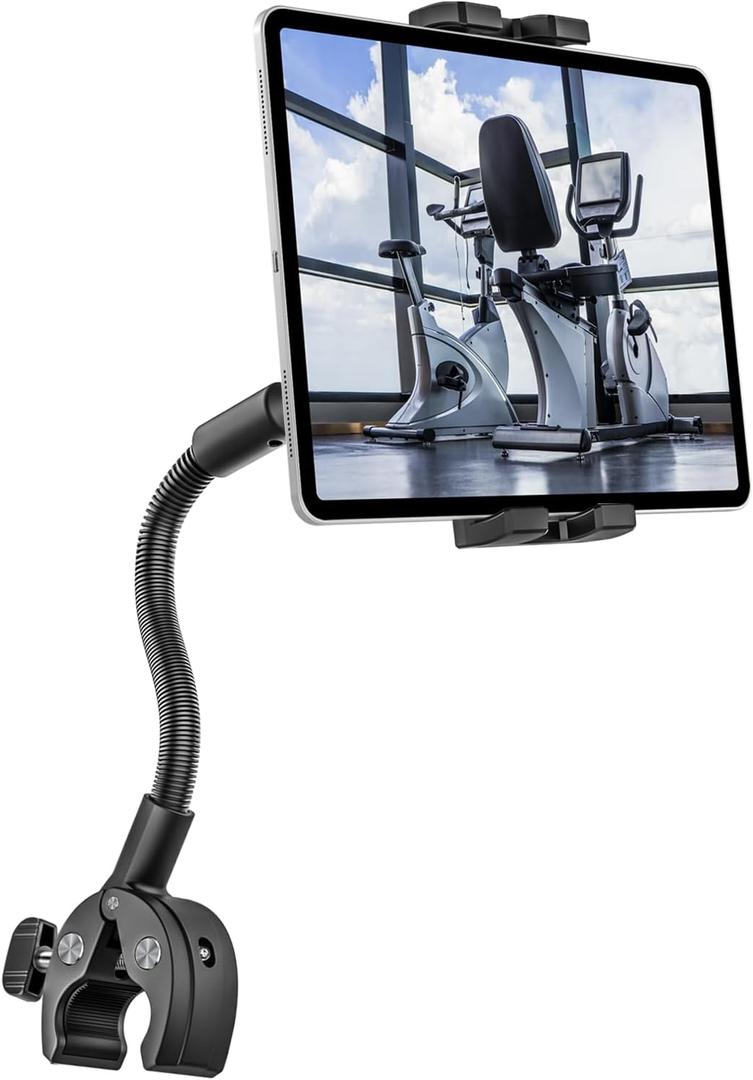 woleyi Gooseneck Treadmill Tablet Holder, Exercise Bike Handlebar Clamp for Spin Bike Peloton, Indoor Stationary Bicycle, Elliptical, Stroller for 4.7-13" iPad Pro Air Mini, Phone, Galaxy, Fire, Ebook