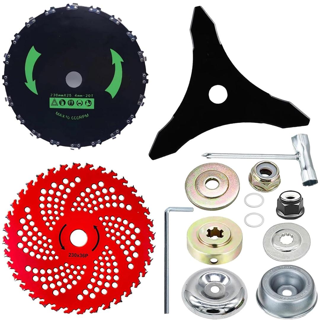 Brush Cutter Blade Set with Adapter Kit, 9" 20T Chainsaw Tooth Cutter, 9" 36T Carbide Tipped Blade, 10" 3T Carbon Steel Blade, for Stihl Husqvarna Sears Echo Poluan Redmax Shindaiwa