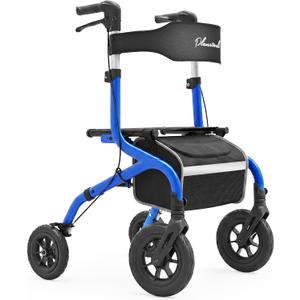 PLANET WALK Foldable Rollator Walker: 10" & 8" All-Terrain Wheels, 300lb Capacity, Treaded Rubber Tires, Breathable Seat & Backrest, Lightweight Mobility Aid for Seniors, Blue