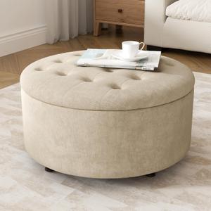 30 Inch Round Storage Ottoman,Modern Tufted Ottomans,Circular Coffee Table with Removable Top,Upholstered Large Ottoman with Storage Footrest Stool for Bedroom Living Room, Lightbrown