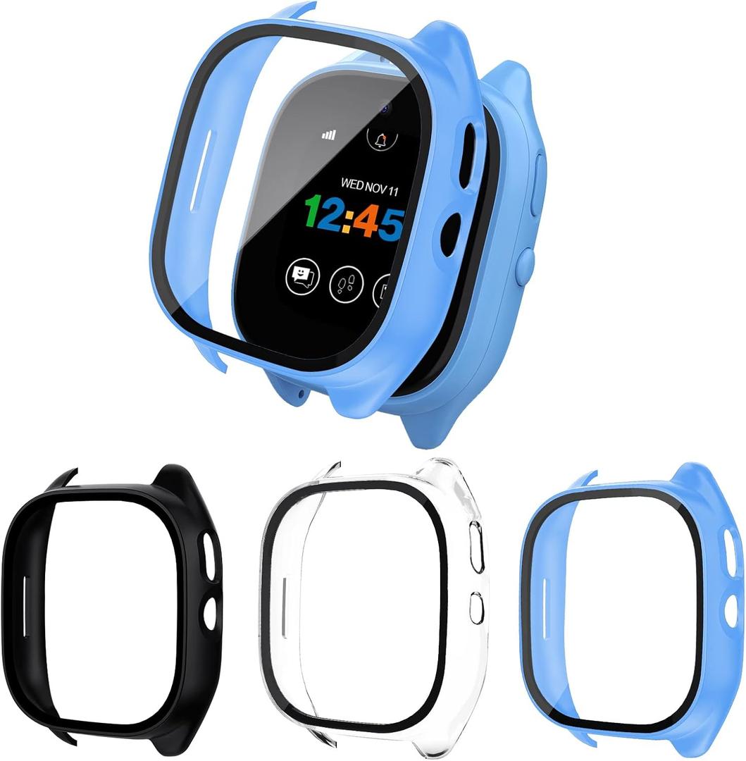 [3-Pack Case Compatible for Gizmo Watch 3 Screen Protector for Kids, Tempered Glass Cover Only Compatible with Verizon Gizmo Watch 3(Black+Clear+Blue)