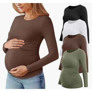 Huukeay 4 Pack Women's Maternity T Shirts, Long Sleeve Side Ruched Pregnancy Top Crew Neck Bodycon Shirts Casual Mama Clothes. Size XL