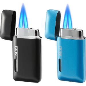 2 Pack Mini Butane Lighter, Double Jet Torch Lighter with Visible Window, Refillable and Adjustable Pocket Lighter, Great Little Gift for Men and Women, Black and Blue (Without Gas)
