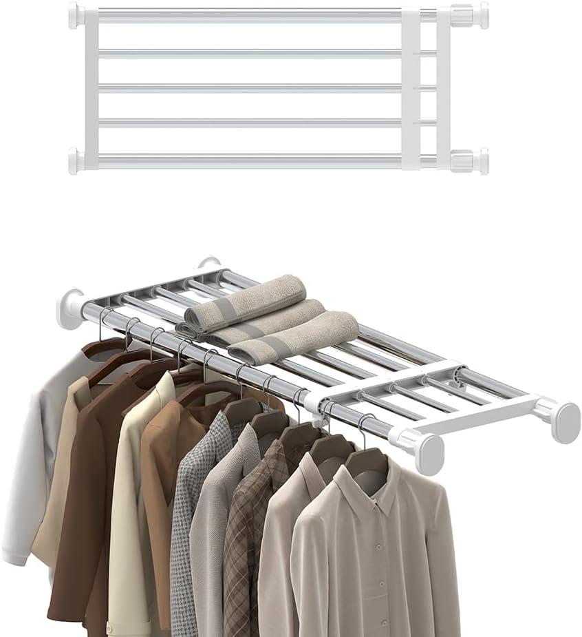 Hershii Closet Tension Shelf & Rod Expandable Metal Storage Rack Adjustable Organizer DIY Divider Separator for Cabinet Wardrobe Cupboard Kitchen Bathroom15.74-23.62inches (Ivory)
