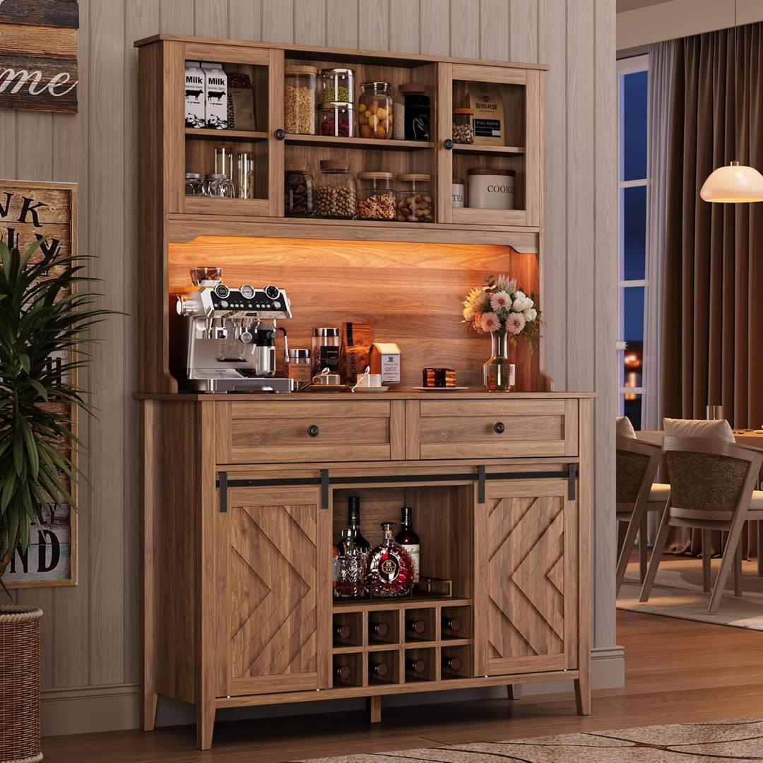 Garvee 72" Farmhosue Bar Cabinet with Sliding Barn Door, Large Kitchen Buffet with Hutch Wine with Charging Station, 2 Drawers, 8 Storage Shelves, LED Rustic Coffee Bar for Dining
