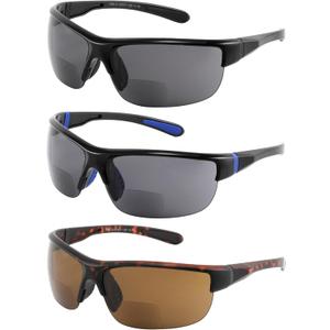 Yogo Vision Bifocal Sports Sunglasses Mens Wrap Around Half Rim Sunglasses Readers 3PK (Black, Brown Havana, Black and Blue)