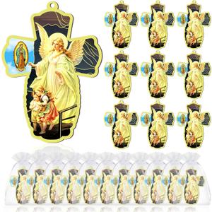 24 Pcs Guardian Angel Wood Wall Cross with Organza Gift Bags Angel Statue Baptism Favors for Guests First Communion Gift Christian Favors Angelitos para Bautizo