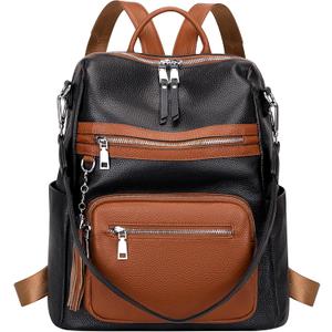 ALTOSY Genuine Leather Backpack Purse for Women Large Shoulder Bag With Laptop Compartment Multiple Pockets (S106 Black/Brown)