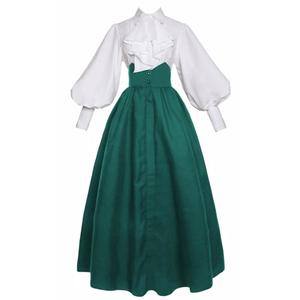Vibsion Edwardian Costume Dress Victorian Ball Gowns for Women Medieval Vintage Blouse Skirt Set Halloween Green XL