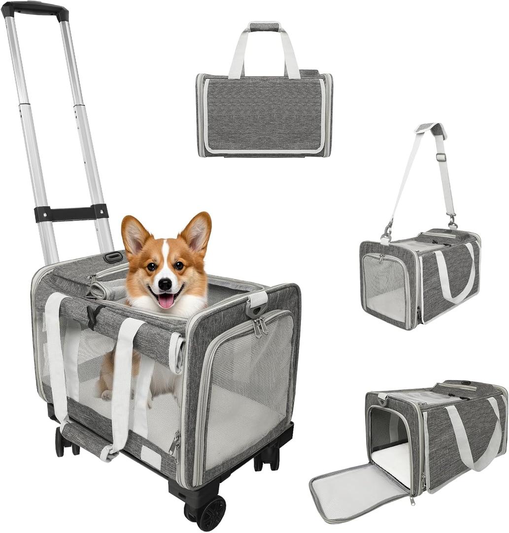 Pet Carrier with Wheels Up to 25 lbs Airline Approved Dog Carrier Rolling Pet Carrier w/Removable Wheels & Washable Plush Mat Pet Travel Carrier with Telescopic Handle & Shoulder Strap