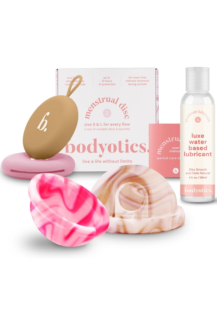 Reusable Menstrual Disc & Personal Lube Bundle - 2 Silicone Period Discs (Small & Large, Beige/Pink), Wear Up to 12 Hours, Silicone-Friendly Water-Based Lube for Women & Couples