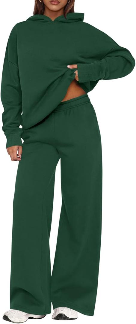 PRETTYGARDEN Womens Sweatsuits 2 Piece Set 2025 Casual Winter Long Sleeve Hoodie Loose Wide Leg Sweatpants Fall Tracksuit (X-Large, Dark Green)
