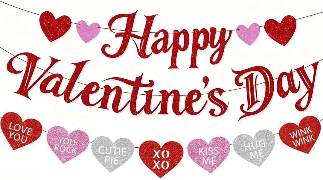 Pre-Strung Happy Valentine's Day Banner, Glitter Valentines Day Sign Decorations with XOXO Love You Heart Garland for Indoor Home Wall Wedding Engagement Anniversary Party Photo Backdrop Decor Favor