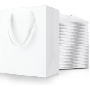 White Gift Bags With Handles: 8x5x10 Inch 50pcs Medium Paper Gags Bulk For Birthday Wedding Party Shopping(Medium, 50)