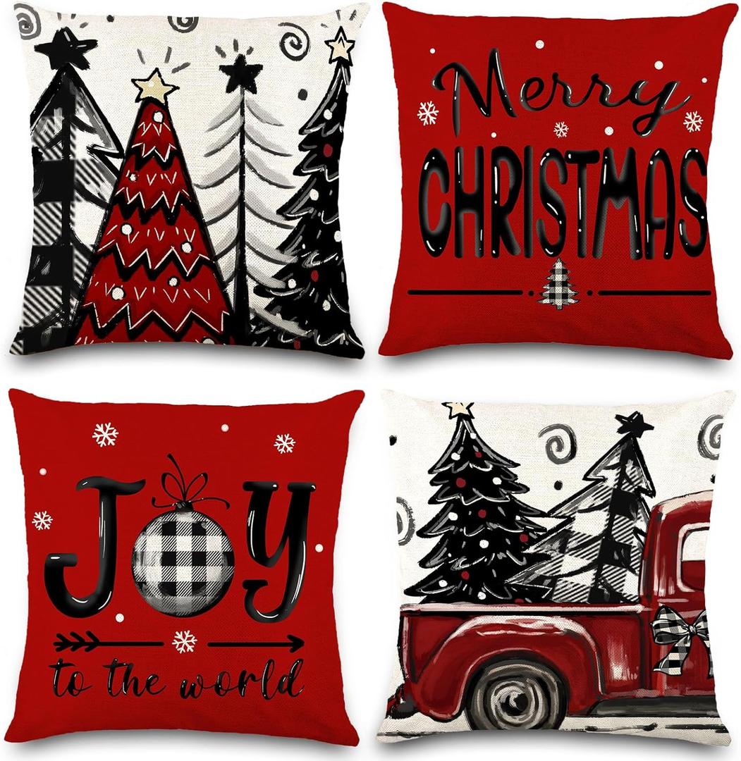 DIYDEC 4pcs Christmas Pillow Covers 18x18 Inch Red Pillow Covers Xmas Decorations Buffalo Tree Truck Merry Christmas Pillows Winter Holiday Farmhouse Seasonal Throw Case Decor for Sofa Couch