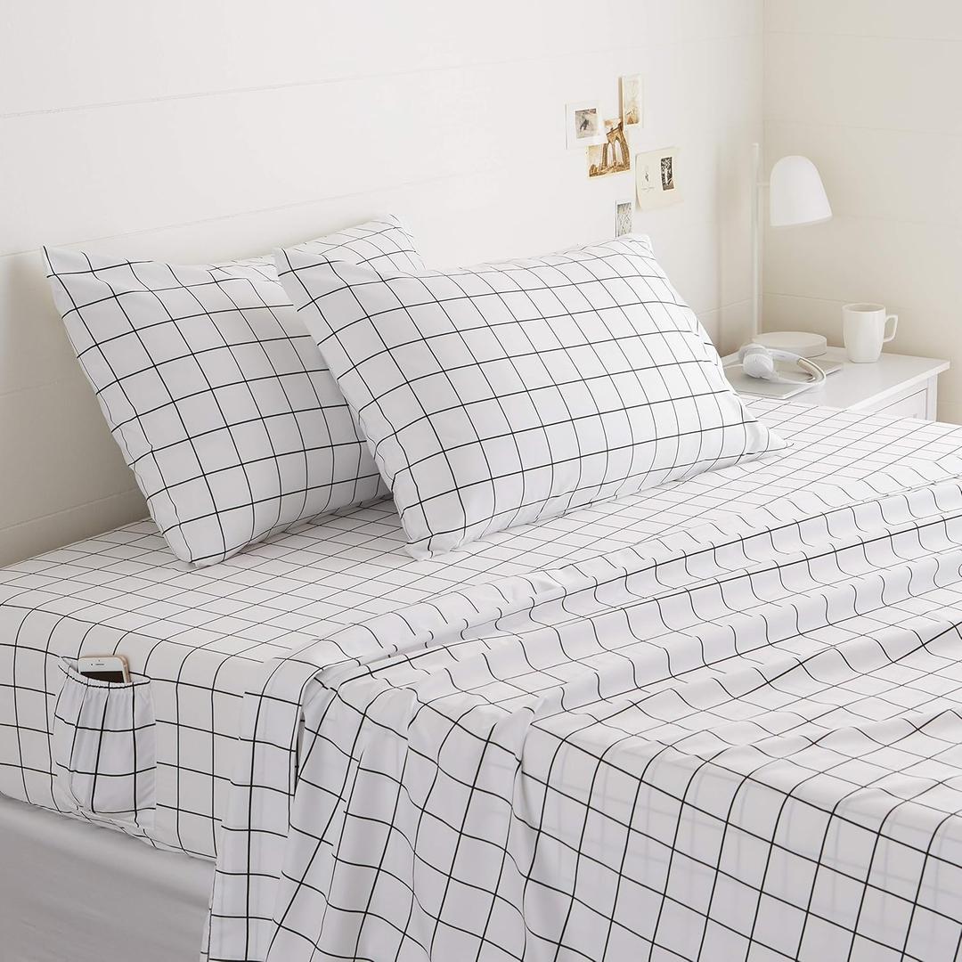 Basics Soft Microfiber 4Piece Bed Sheet Set with Elastic Side Pockets, Full, Black Grid, Geometric