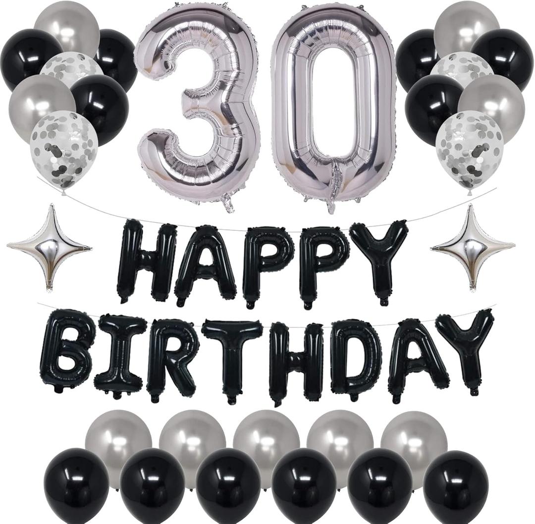 30th Black Silver Birthday Party Decorations for Men Women, Happy 30 Birthday Party Supplies with Black Happy Birthday Banner,30 Number Balloons, Silver Foil Stars, Happy Birthday Balloons for 30th Birthday
