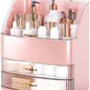 Makeup Organizer Countertop Vanity with Transparent Lid Drawers Waterproof Dustproof Cosmetic Skincare Bathroom Storage Gift for Women Teens Girls (Pink) (Large)