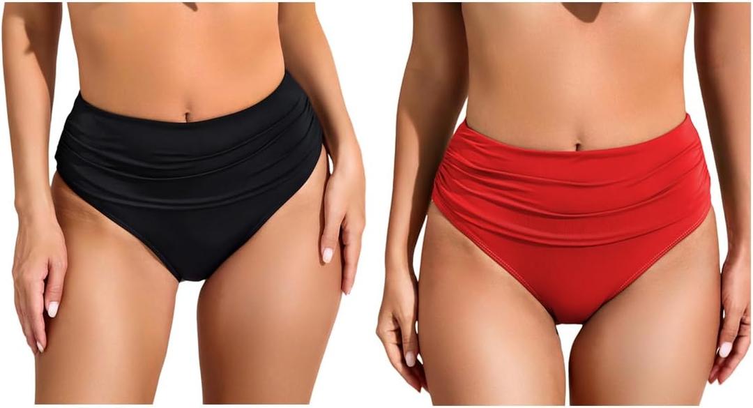 COCOPEAR Full Coverage Bikini Bottoms for Women Mid Rise Bathing Suit Bottoms for Women Ruched Tummy Control Swim Bottoms (Large, 2# Black+red)