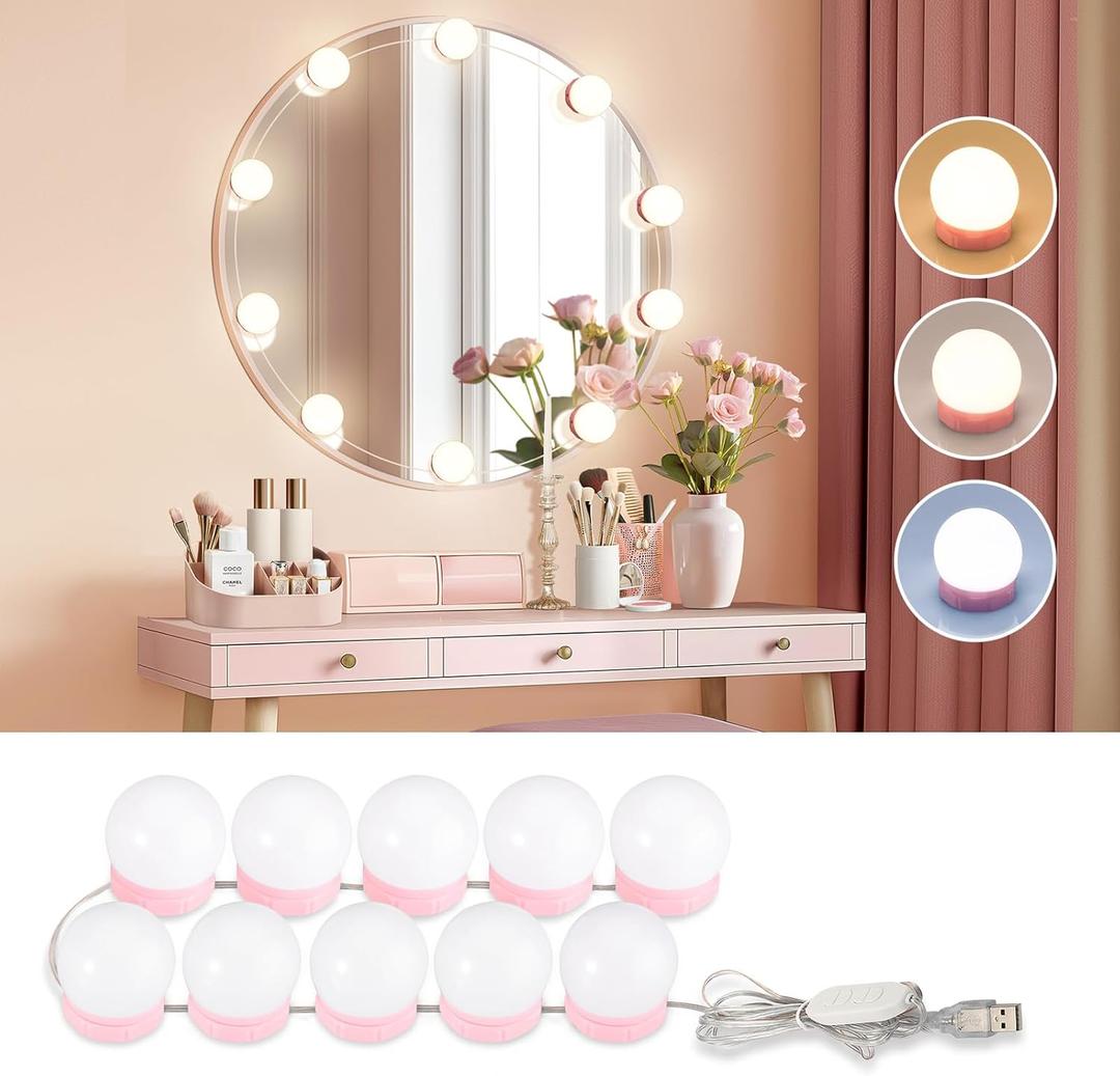 Consciot LED Vanity Lights for Mirror, Hollywood Style Vanity Light with 10 Dimmable Bulbs, Adjustable Color & Brightness, USB Cable, Mirrors Lights Stick on for Makeup Table Dressing Room Mirror (Pink)