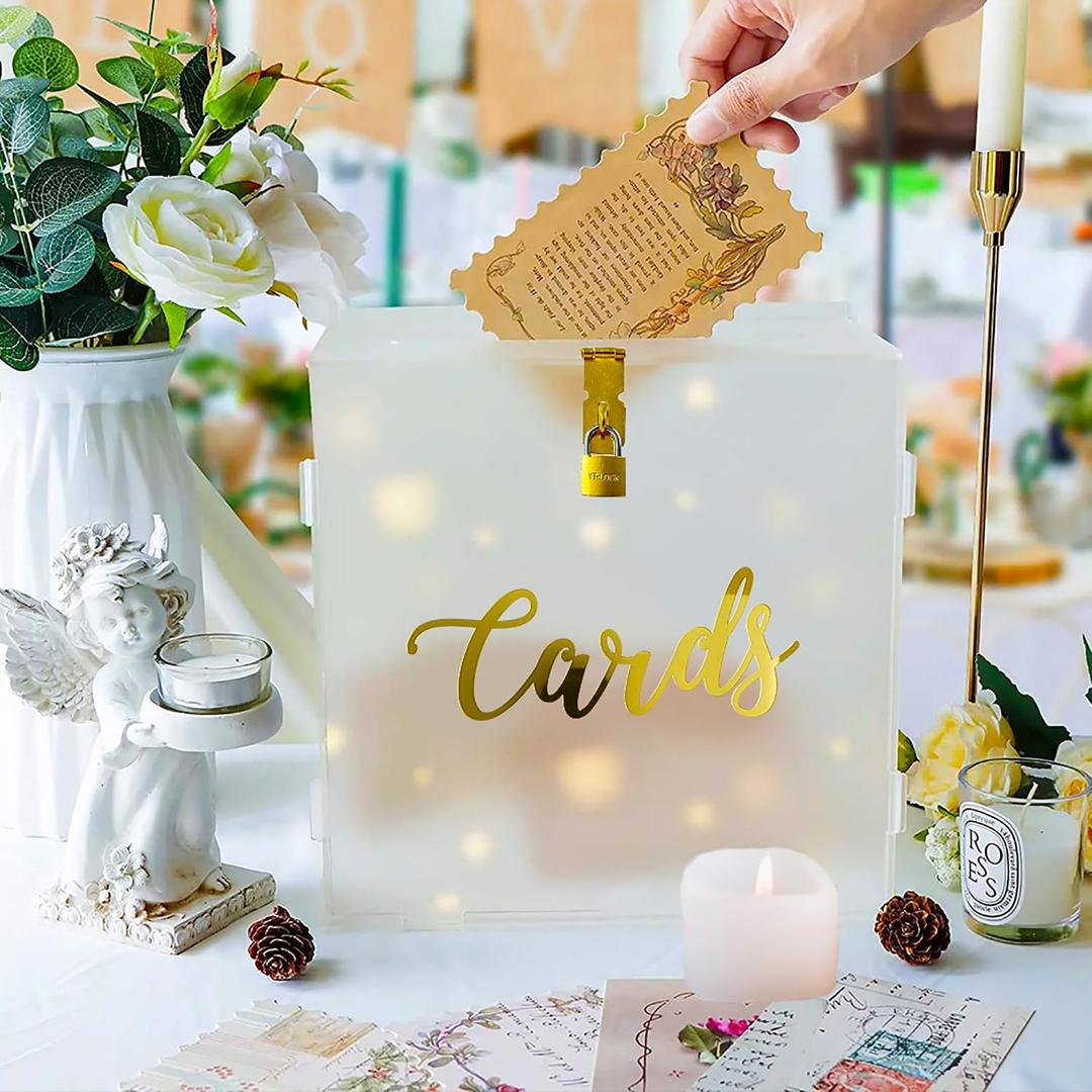 Funvalley Surperfect 10" Acrylic Wedding Card Box with String Light with Lock and SlotFrosted Large Clear Gift Card Box for Wedding Money Box Wedding,Birthday Party Reception Decoration