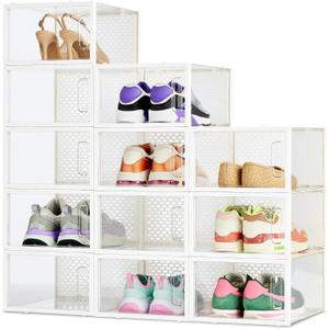 Amazon Basics Stackable and Foldable Clear Shoe Storage Organizer Box, Medium, 12-Pack