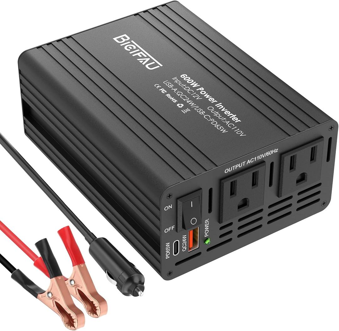 600W Inverter 12V to 110V, DC to AC Car Power Inverter for Vehicles with 65W USB-C Fast Charging 24W USB-A Dual AC Socket Adapter for Phone,Laptop,Road Trip,Long Drive,Camping