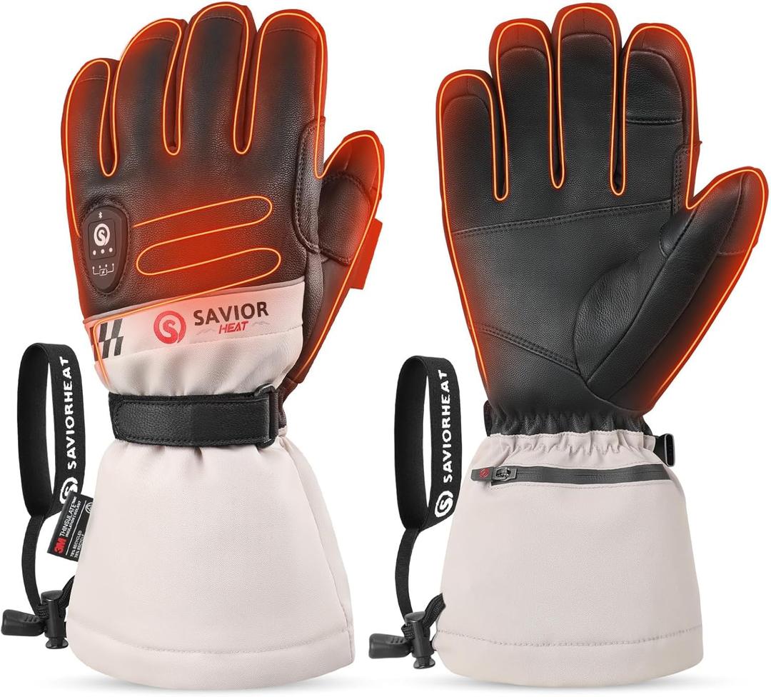 SAVIOR HEAT Heated Gloves for Men Women, Rechargeable Electric Heated Leather Skiing and Snowboarding Gloves (Large, Beige)