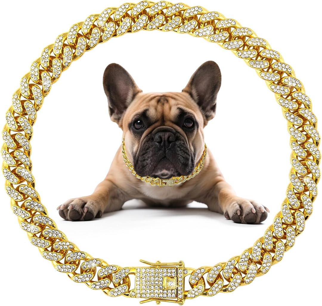 Dog Necklace Metal Cuban Link Dog Collar Gold Crystal Chain Collar with Design Secure Buckle Pet Collar Jewelry Accessories for Small Medium Large Dogs Cats(8inch)