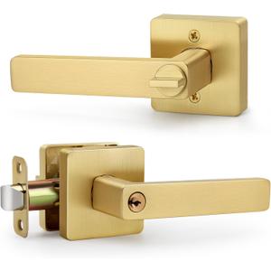 Square Keyed Entry Door Lever, Brushed Gold Door Handles, Heavy Duty Door Lever with Keys and Lock Gold Door Handle Reversible Door Handle for Right/Left Handed Entrance Front Door Bedroom (1 Pack, Satin Brass)