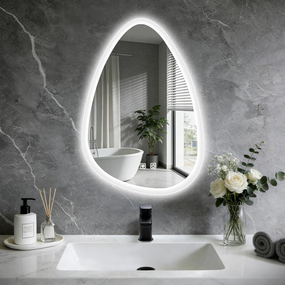 16x24 LED Bathroom Mirror with Lights Irregular, Lighted Bathroom Vanity Mirror for Wall, Front Lit and Backlight, Anti-Fog, 3 Color Dimmable, Vertically Only