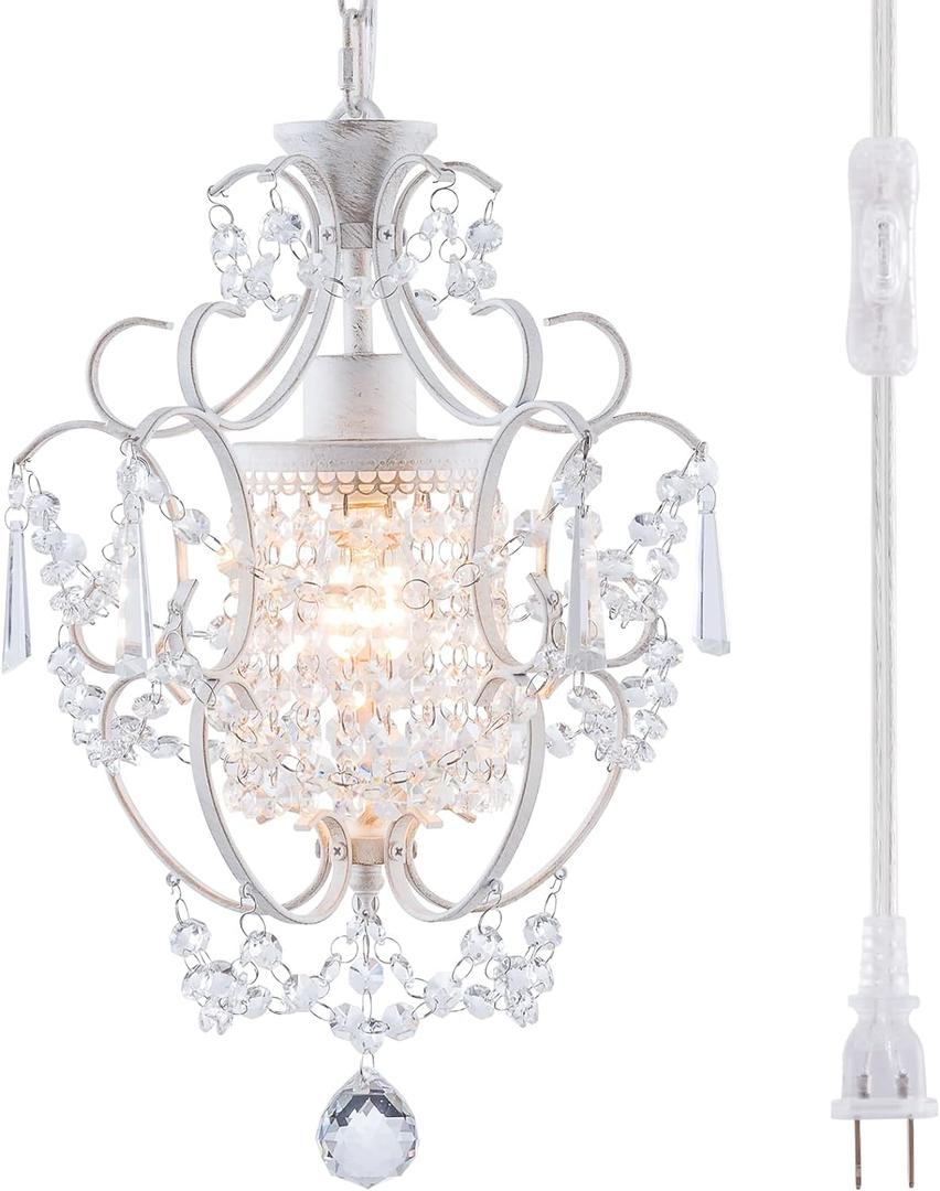 Plug in Chandelier Mini Crystal Chandelier White Retro Small Chandeliers Ceiling Light for Girls Bedroom,Farmhouse Plug in Pendant Light for Kitchen Island Bathroom Dining Room Closet