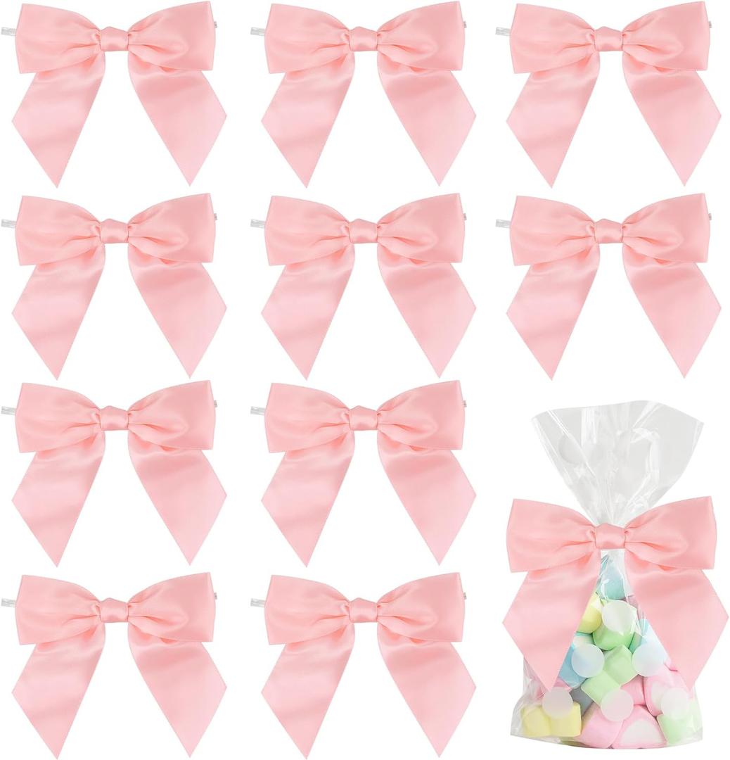 AIMUDI Baby Pink Satin Bows for Crafts 4.5" Pre-Tied Bows for Baby Shower Premade Bows with Twist Ties Gift Bows for Christmas Tree Wedding Decor Party Favors Gender Reveal Treat Bags - 36 PCs