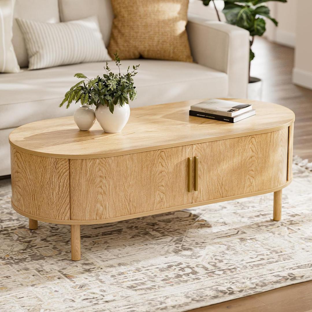 Oval Coffee Table with Sliding Doors, Modern, Natural, 29.92" x 29.92" x 16.14"