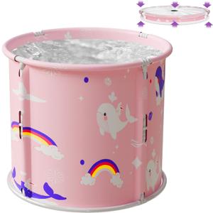 Portable Bathtub, Foldable Bathtub for Kids, Boys and Girls, Therapy Tub for Shower Stall Bathroom Fold Up Japanese Soaking Hot SPA Bath Tub, Outside Ice Bath 21.65''x23.62''(Ocean World Pink)