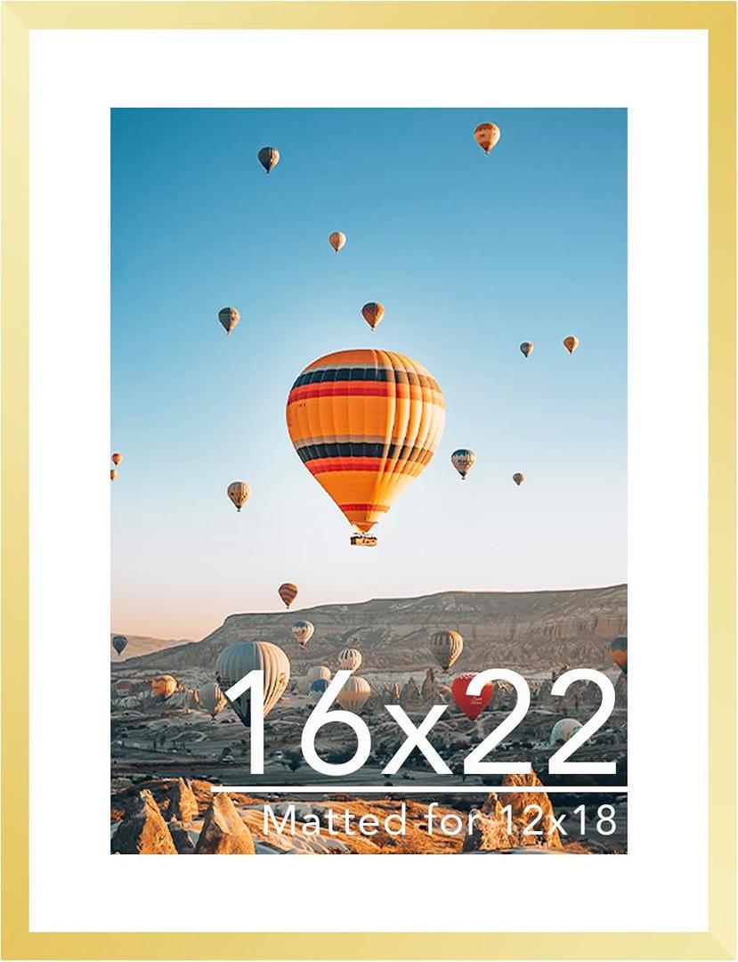 JCJMY 16x22 Picture Frame with 12x18 Mat, Display Photo 12x18 with Mat or 16 x 22 Without Mat, Wall Hanging Large 16 by 22 Poster Frame with Plexiglass, Gold
