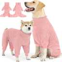 SlowTon Dog Winter Coat - Fuzzy Pullover Pajamas, Soft Fleece Windproof Cold Weather Dog Jacket Cozy Onesie Jumpsuit Outfit 4 Legged Clothes with Leash Hole  (Pink, M) (M (Back: 16.5"))